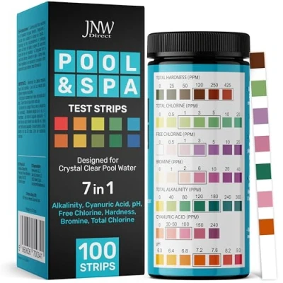 Image of Pool and Hot Tub Test Strips 7 in 1 Spa Strips, Quick Accurate 100 Bromine, pH, Hardness, Alkalinity &amp; Chlorine with Ebook Water Testing Kit JNW Direct