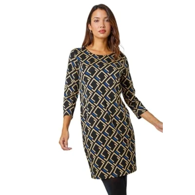 Image of Roman Originals Women Shift Dress with Pockets Ladies Autumn Winter 3/4 Length Sleeve Knee Smart Casual Office Work Everyday Cocktail Party Round Neckline Comfy Soft Royal Blue Size 20