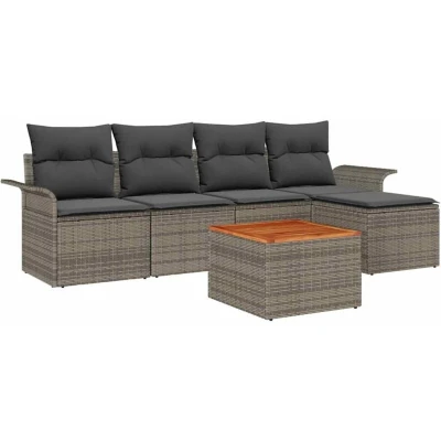 Image of vidaXL 6 Piece Garden Sofa Set with Cushions Grey Poly Rattan Acacia