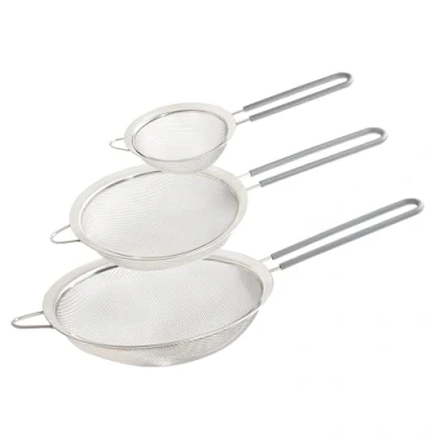 Image of Wiltshire Set of 3 Sieves, Stainless Steel Fine Wire Mesh Strainer with Non Slip Silicone Coated Handle, Colander &amp; Sifter, Sift Strain Drain Rinse, 10cm 15cm 20cm, Dishwasher Safe, Pebble Grey