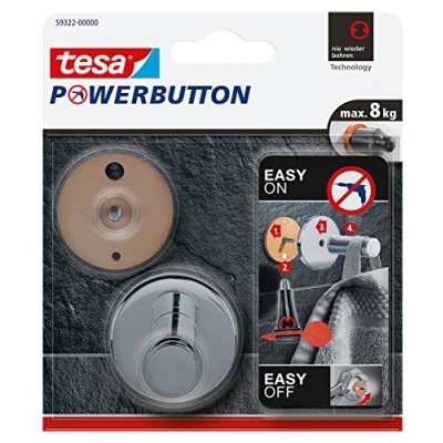 Image of tesa Powerbutton Universal Self Adhesive Hook Round Chrome Plated Metal Bathroom Towel Holder Max Load 8 kg Shiny Silver