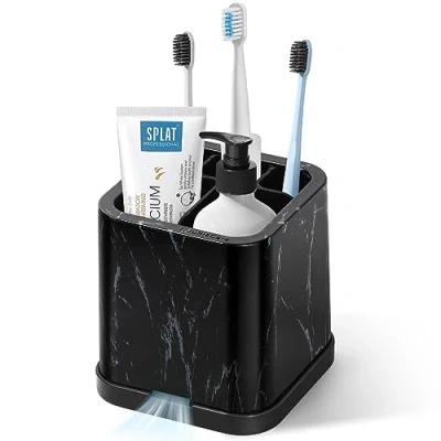 Image of DoubleCare Small Toothbrush Holder for Bathroom Detachable Easy Clean 5 Slots Electric &amp; Toothpaste Caddy Family Kids on Vanity, Sink, and countertop, Square Marble Black, (YJ 01)