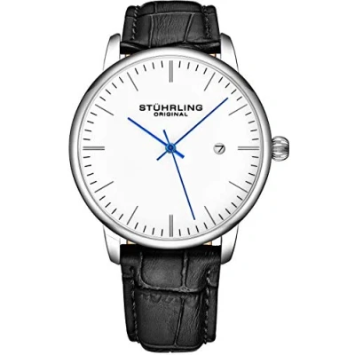 Image of Stuhrling Original Chronograph Watch Men&#039;s Watches 44mm Steel Case Blue Dial with Leather Strap Tachymeter 24 Hour Subdial