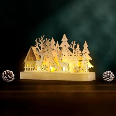 Image of HomeZone Christmas Decoration Wooden Village Scene LED Ornament Xmas Festive Pre Lit House w Reindeer Battery Powered Light