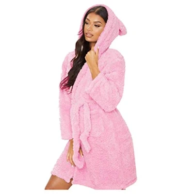 Image of Women Fleece Fluffy Dressing Gown, Soft Cuddly Cute Teddy Bear Bathrobe with Hood &amp; Ears, Winter Shaggy Sherpa Flannel Warm Plush Shawl Collar Blanket Dress, Cosy Housecoat, Nightgown Loungewear Pink