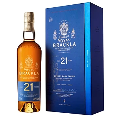 Image of Royal Brackla 21 Year Old Highland Scotch Single Malt Whisky, 46% ABV, 70cl, with Gift Box, Pedro Ximenez, Oloroso &amp; Palo Cortado Sherry Cask Finish, 700ml