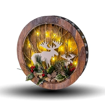 Image of SHATCHI Wooden Christmas Reindeer Scene Tabletop Centrepiece Frame Battery Operated with Micro Rice LEDs and Festive Room Wall Table Home Xmas Decorative Gift, Wood, Wreath 30cm