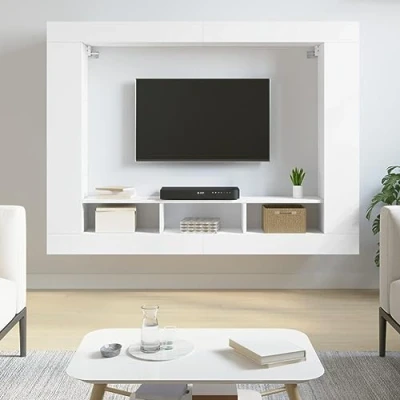 Image of vidaXL Trendy Wall Mounted TV Cabinet Modern Style Media Unit with Storage featuring Durable Engineered Wood in White