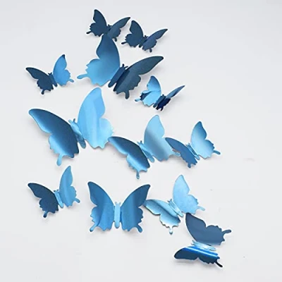 Image of 3D Butterfly Wall Stickers, CAYUDEN 24pcs Removable Mirror Stickers DIY Decor 3 Sizes Decal for Room, Door, Window, Wedding, Party Decoration(Blue)
