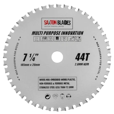Image of TCT18544TMPT20B Saxton TCT Multi Purpose Innovation Circular Saw Blade 185mm x 44T 20mm Bore (16mm ring) Wood and Metal fits Evolution Bosch Dewalt Ryobi Makita etc