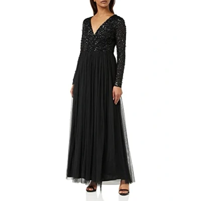 Image of Maya Deluxe Women&#039;s Ladies Maxi for Women With Long Sleeves V Neckline Plunging Sequin Embellished Wedding Gue Dress, Navy, 18 UK