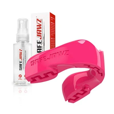 Image of SAFEJAWZ Sports Mouthguard/Gum Shield, Case and Cleaner Spray 50ml Bundle for Rugby, Boxing, Martial Arts, Lacrosse All Contact Adults Junior (Pink, (