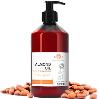 Image of Almond Oil: Organic, Cold Pressed, Pure, Natural. Massage Oil (Carrier Oil) Hair oil, Body (Nail &amp; Cuticle Face (Anti Aging), Ear Pregnancy Stretch Mark Baby 250 ml