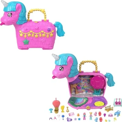 Image of Polly Pocket Dolls &amp; Playset with Pets 25+ Surprise Accessories, Birthday Celebration Unicorn Partyland Playset, Hot Air Balloon Ride