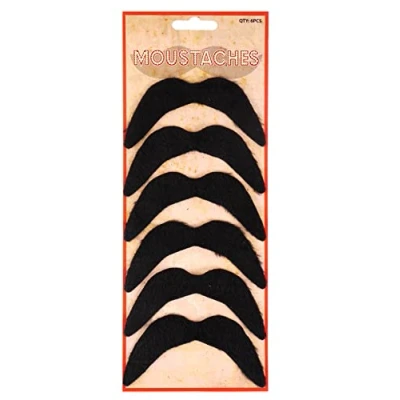Image of Henbrandt Pack of 6 Black Fake Moustaches Stick On False Funny Novelty Joke Party Bag Favour Loot Filler Halloween Fancy Dress Costume Accessory for Men and Women