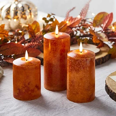 Image of Lights4fun Set of 3 Mottled Orange TruGlow® Battery LED Flameless Pillar Candles Real Wax Timer