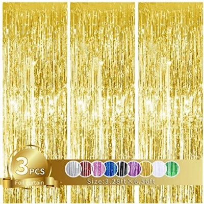 Image of 3Pcs Gold Metallic Tinsel Foil Fringe Curtains,3.28ft x 6.56ft Photo Booth Backdrop Streamer Curtain,Photo Props,Ideal Bachelorette Party Supplies, Birthday, Christmas,New Year Decorations