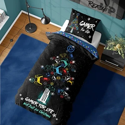 Image of Gamer Single Duvet Cover For Life Christmas Design Reversible Bedding Set Polycotton