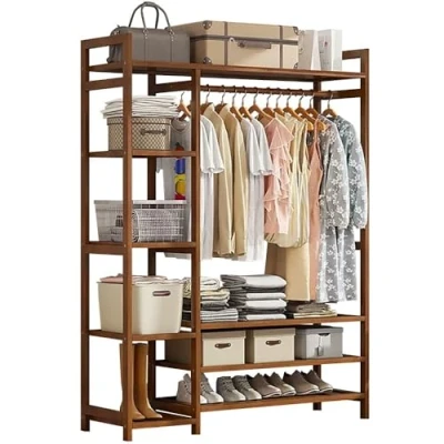 Image of Bamboo Clothes Rail, Stand Freestanding Coat Garment Rack with Hanging Rod, 2 Shelves and Hooks, Open Wardrobe Clothing Hanger Storage Organiser for Bedroom Hallway, Natural Wood