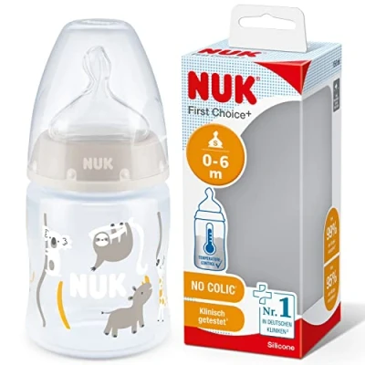 Image of NUK First Choice+ Baby Bottle 0 6 Months Temperature Control Anti Colic Vent 150 ml BPA Free Silicone Teat Safari (Beige)