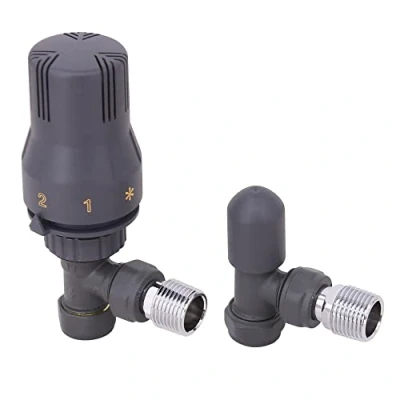 Image of NRG 15mm Angled Thermostatic Designer Radiator Valve &amp; Towel Rail Manual Valves Anthracite