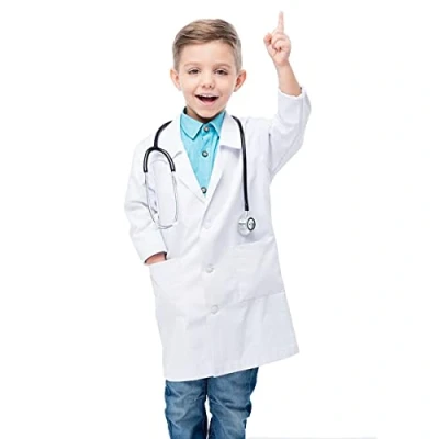 Image of Waflyer Childrens White Lab Coats, Medical Coat, Unisex Cotton Polyester Scientist Dress Up Scrubs Doctor Workwear Students Uniform Food Coat Boys and Girls Fancy Dress,XL