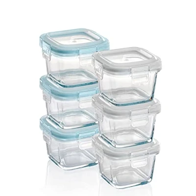 Image of Grizzly Glass Baby Food Storage Container Set Mini Ovenproof Dishes with Lids 6 x 160 ml (5.4 Oz) Square Air and Liquid Tight