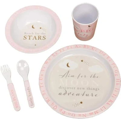 Image of 5 Piece Melamine Feeding Set Cup Bowl Plate Cutlery Bambino Baby Girl