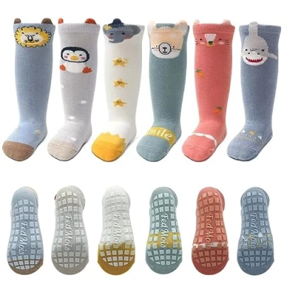 Image of FedMois 6 Pairs Baby Little Kids Knee High Socks Anti slip Long Cotton, Shark, 3 5 Years