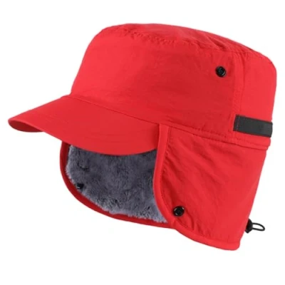 Image of Magracy Outdoor Men&#039;s Winter Baseball Cap with Visor Warm Earflap Hat Faux Fur Trapper Hunting Ski Snow Red