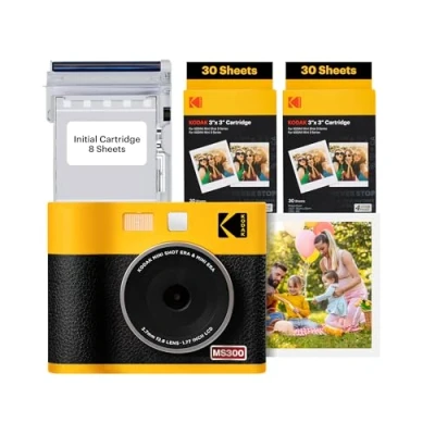 Image of KODAK Mini Shot 3 ERA 4PASS 2 in 1 Instant Camera and Photo Printer (3x3 inches), Initial 8 Sheets + 60 Sheet Pack Bundle, Yellow