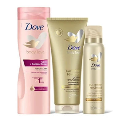 Image of Dove Derma Spa Summer Revived Fair to Medium Self Tanning Body Lotion, DermaSpa Gradual Tan Mousse &amp; Skin Glow Oil in Milk Lotion and Maintain