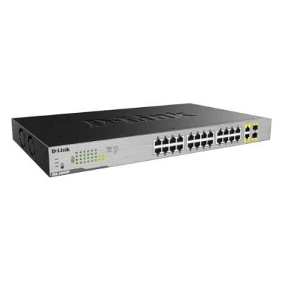 Image of D Link DGS 1026MP 26 Port Gigabit Unmanaged Max PoE Switch, 24 10/100/1000 Mbps ports and 2 combo uplink ports, budget of 370W, Hub, Internet Splitter, Metal, Plug Play