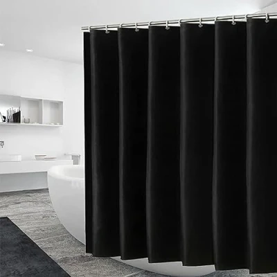 Image of Shower Curtain Modern Black 175x190cm Mould Proof Resistant Extra Long Polyester Waterproof Washable Heavy Duty Bathroom Curtains Bath With 12 White Plastic Hooks for Wetroom
