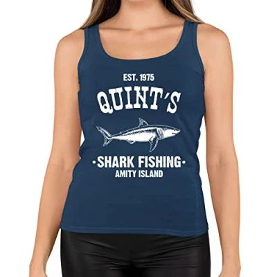 Image of Womens Quints Fishing Shark Jaws Inspired Amity Cult Movie Vest Tank Top Navy Blue UK 14 (XL)
