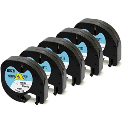 Image of Yellow Yeti 5 Plastic Label Tapes 91201 91221 S0721610 S0721660 Black on White 12mm x 4m Compatible with LetraTag LT 100H 100T 110T QX50 XR XM 2000 Plus Makers