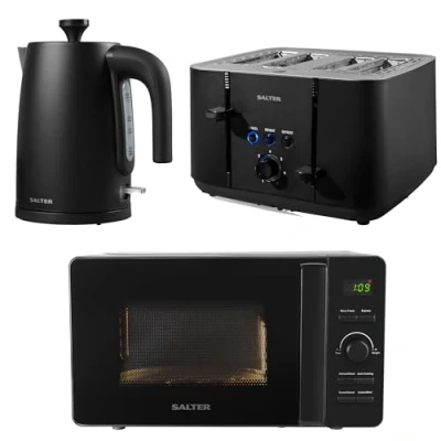 Image of Salter COMBO 8801 Kuro Matching Kitchen Countertop Breakfast Set, Rapid Boil 1.7L 3kW Kettle, 4 Slice Anti Jamming Toaster, 20L 800W Digital Dial Microwave, Black, Plastic