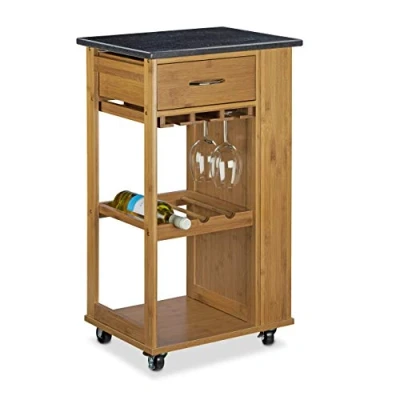 Image of Relaxdays ALFRED L Bamboo w/Black Marble Countertop, Total Size Island Kitchen Trolley Glass Holder and Wine Rack Serving Cart, Natural Brown, Wood, 81.5 x 47.5 37.5 cm. Large