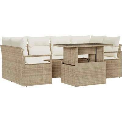 Image of vidaXL 7 Piece Garden Sofa Set with Cushions Beige Poly Rattan