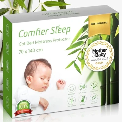 Image of Cotbed Mattress Protector 140 x 70 Super Soft 100% Bamboo Cot Bed (70x140cm) Breathable Noisy Anti bacterial and Fully Fitted Waterproof