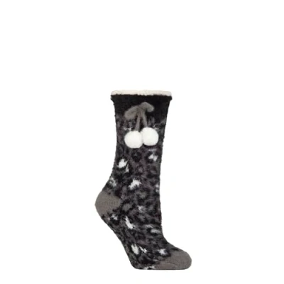Image of Elle Women’s Sherpa Lined Socks Anit Slip Grips, Slipper Socks, Animal Print Pattern, Leopard Print, Pom Pom, Fluffy, Warm, Cosy, 1 Pair, Size 4 8 Charcoal