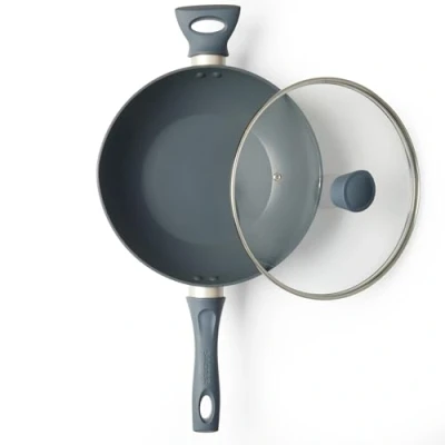Image of Salter BW12267EU7 Marino 28cm Non Stick Wok Stir Fry Pan, Induction Safe, Includes Tempered Glass Lid &amp; Vents, Little/No Oil, PFOA Free, Soft Touch Handles, Forged Aluminium, Blue Grey