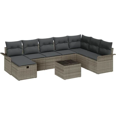Image of vidaXL 9 Piece Garden Sofa Set with Cushions Grey Poly Rattan