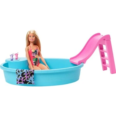Image of Barbie Doll, 11.5 Inch Blonde, Pool Playset with Slide and Accessories, Gift for 3 to 7 Year Olds, GHL91