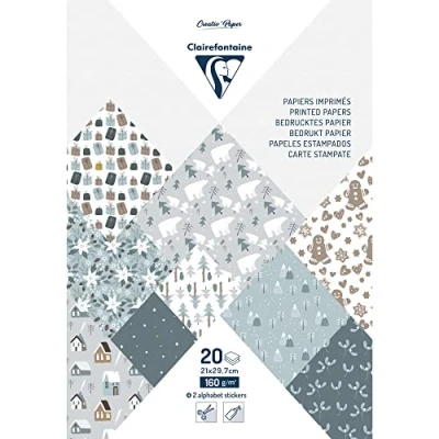 Image of Clairefontaine 95282C Pad of 20 Sheets with Polar Christmas Patterns A4 Format (21x29.7cm) 160g + Alphabet Stickers Creative Idea Paper Scrapbooking Leisure
