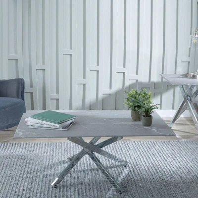 Image of URBANDECO Rimini Clear Glass Coffee Table with Chrome Metal Chopstick Legs