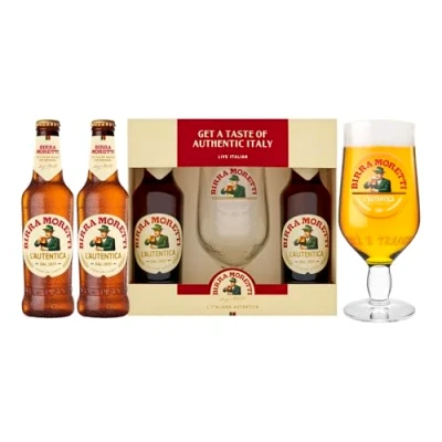 Image of Beer Gifts for Men 2x Birra Moretti 330ml Bottle 4.5% ABV &amp; Glass Premium Lager Gift Set, Him, Christmas Ideal a Mans Birthday/Xmas Hamper Presents, Alcohol Sets