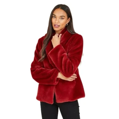 Image of Yumi Red Short Wrap Faux Fur Coat 8