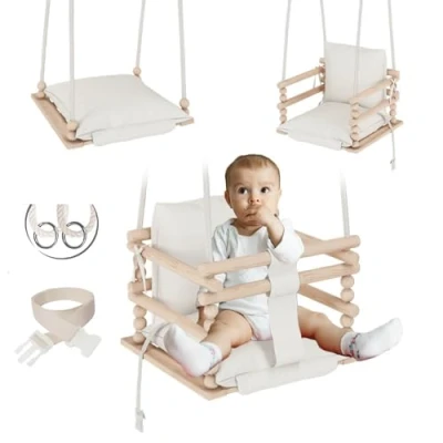 Image of MAMOI Baby Wooden Swing, Beige + Haken, Scandinavian Style, 30x34x34 cm, 2.0 kg, Oak Finish, 25 kg Max Weight