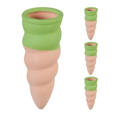Image of Watering Cones, Set of 4, 1.5 Litre Bottles, Curved Design, Clay, Irrigation for Houseplants, Terracotta/Green Relaxdays
